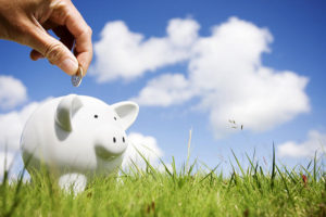 saving a coin in a piggy bank on green grass under the blue sky 